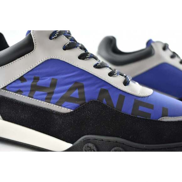Chanel Mens 18B Black Blue Grey Nylon CC Logo Lace Low Top Trainer Sneaker 43 10 - Picture 2 of 11